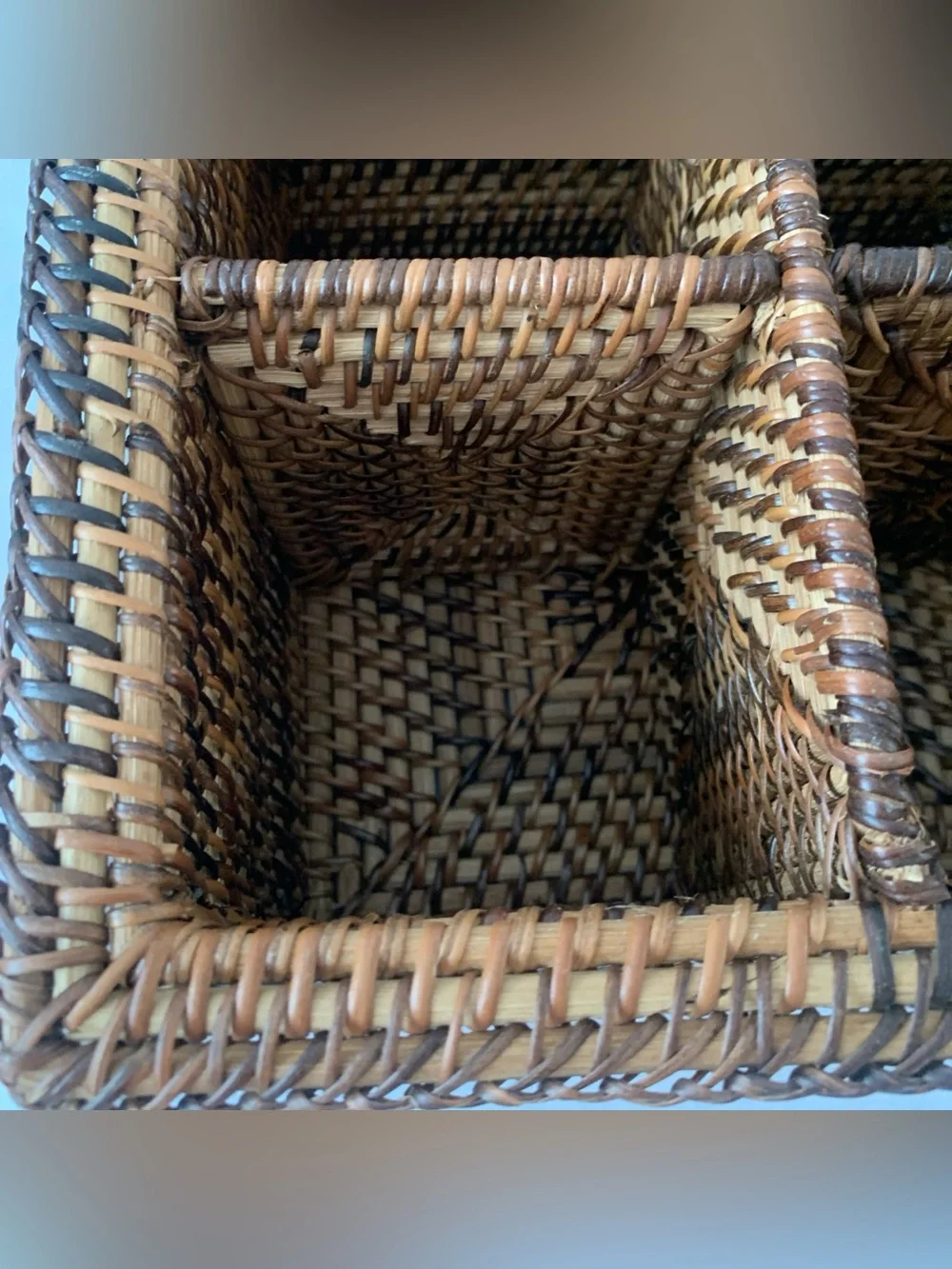 VTG Hand Woven Wicker Rattan Basket 4 Section Utensil Holder 8” Square Container